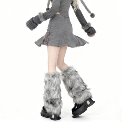 y2k辣妹灰黑色渐变毛绒袜套
