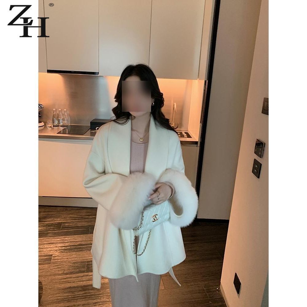 杏色绑带收腰毛呢外套女秋冬季长袖宽松高级感斗篷大衣中长款上衣