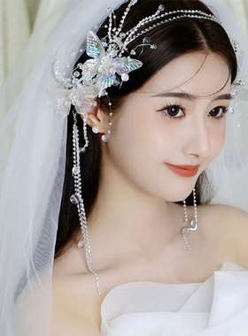 新款仙美蝴蝶水晶流苏发夹新娘结婚礼服边夹发饰婚礼跟妆造型对夹