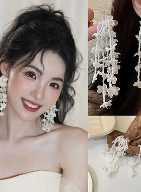超仙法式复古布艺珍珠花朵流苏高级感小众设计气质度假风耳钉耳夹
