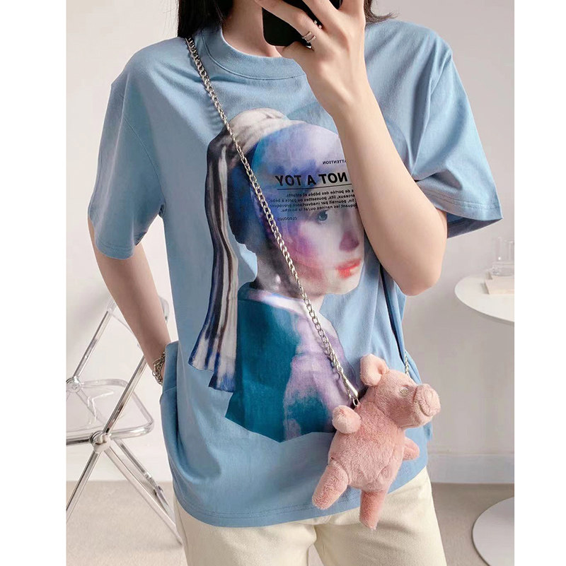 原创设计维米尔戴珍珠耳环少女雾霾蓝色女圆领短袖T恤标准版型