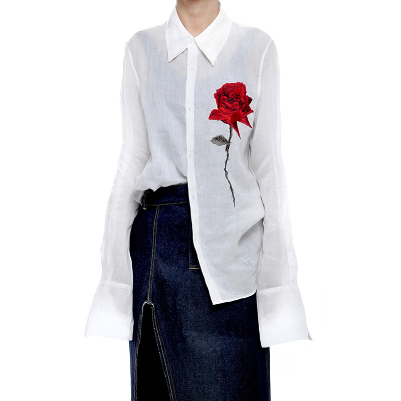 玫瑰原创半透刺绣设计师中长亚麻