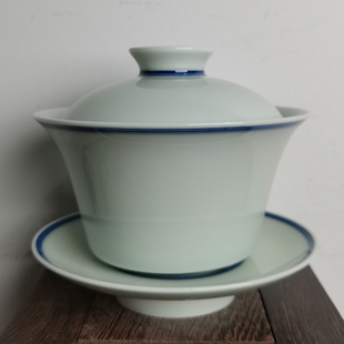 长物居柴窑烧制名家书法茶碗景德镇瓷器三才盖碗手绘青花瓷茶具杯