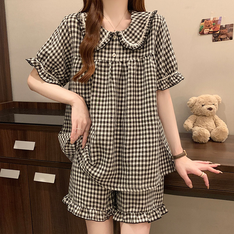 2025夏季新款韩系甜美蕾丝女款格子睡衣两件套短袖短裤套装家居服