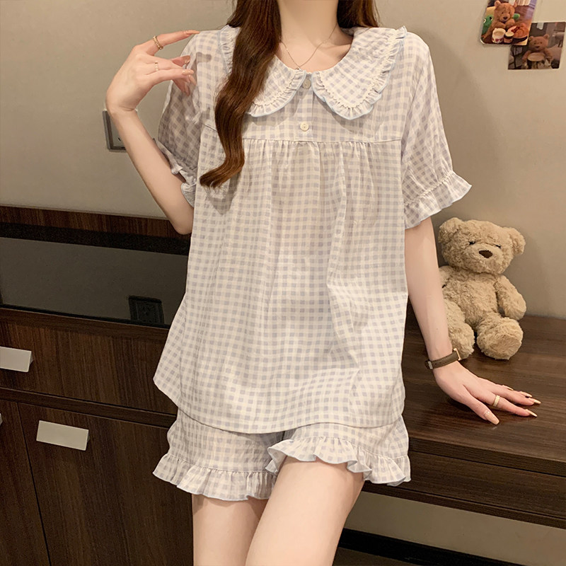 2025夏季新款韩系甜美花边女款格子睡衣两件套短袖短裤套装家居服