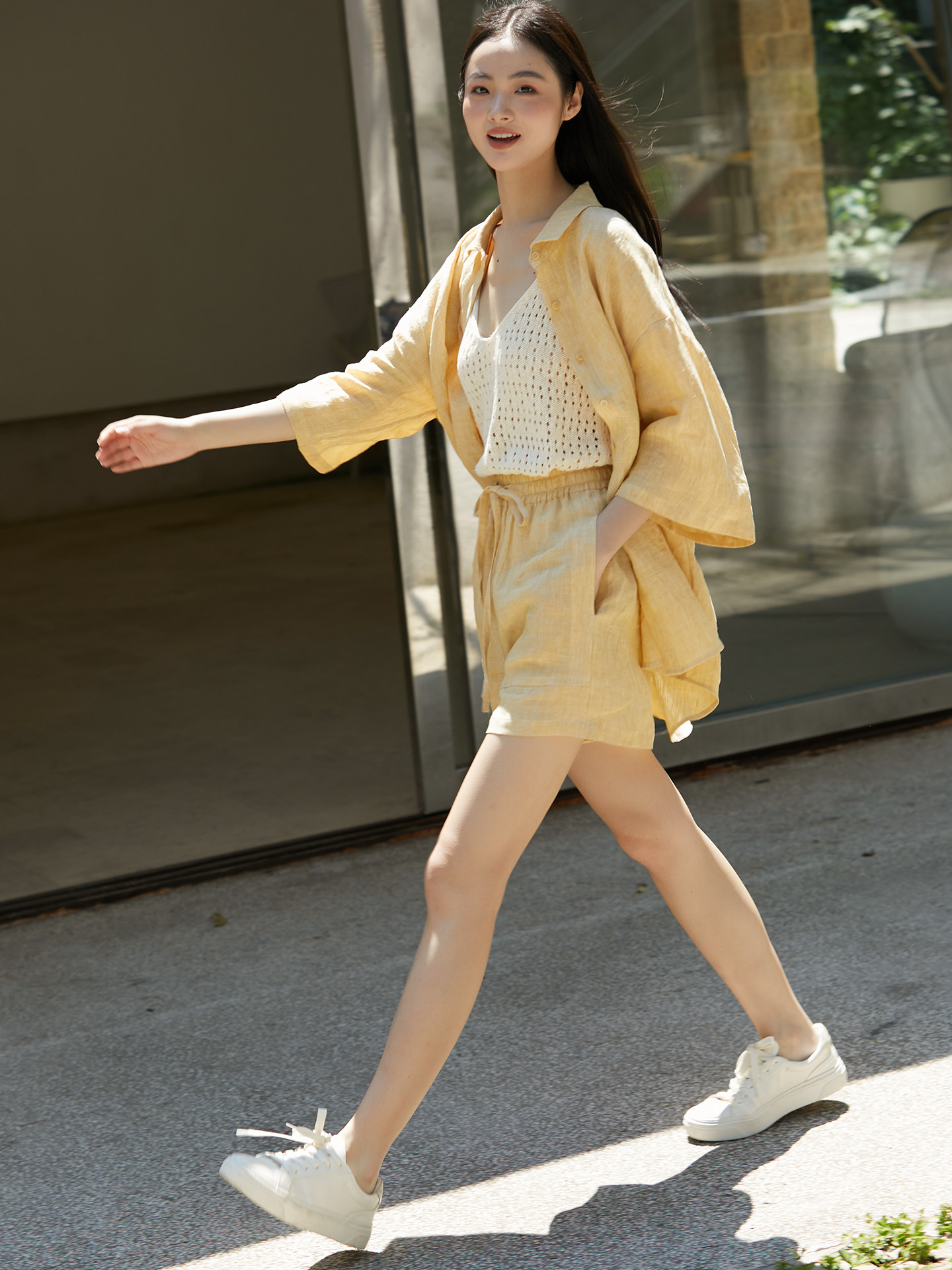 德隆汉麻亚麻 色织料 | 好气色 米黄色套装 | 翻领衬衫 小短裤