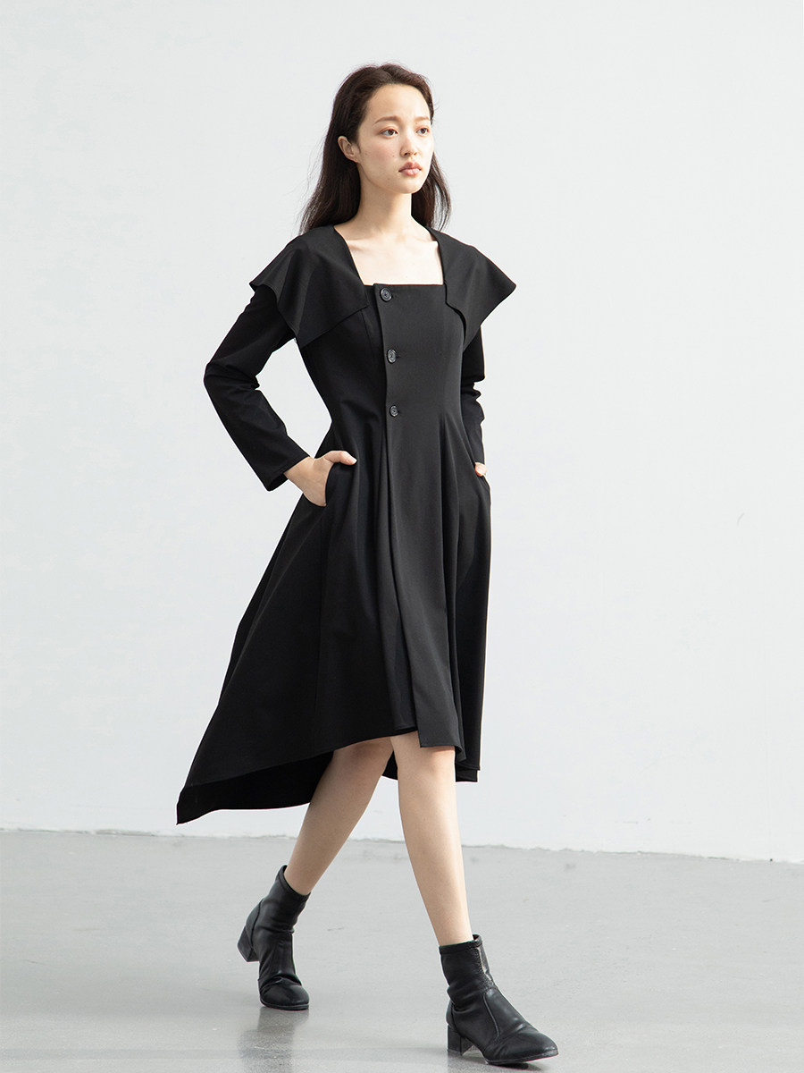 设计师风格|不对称结构小黑裙|也可当黑色长袖方领连衣裙qz