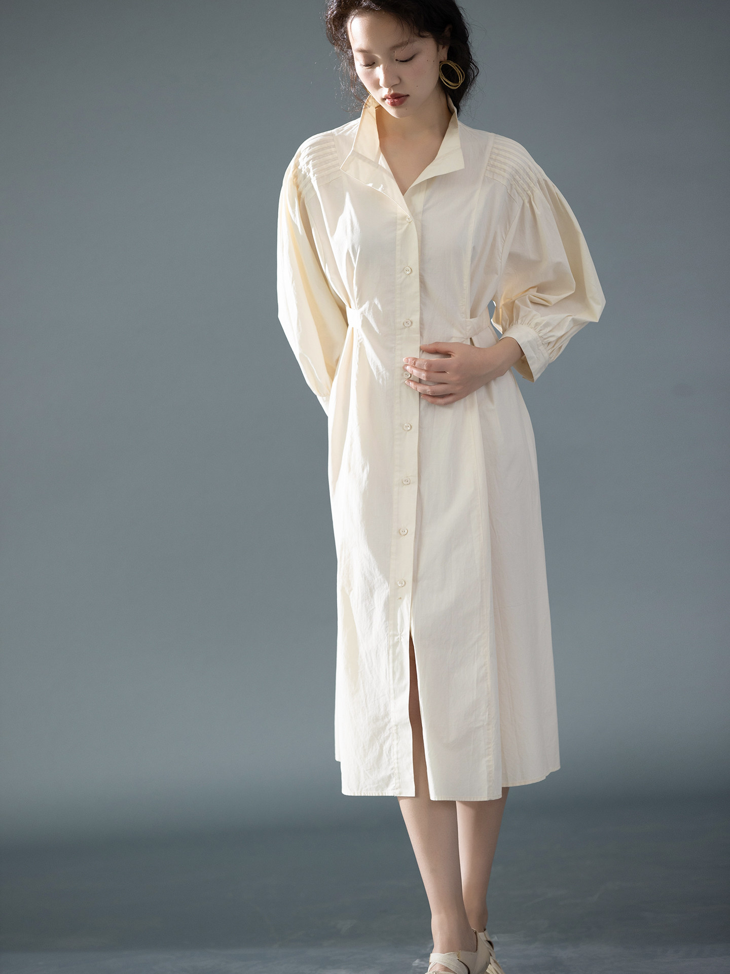 可休闲可ol~衬衫式收腰连衣裙 | 连袖 肩部塔克线