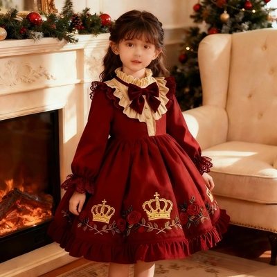 女童秋冬新款洛丽塔加绒连衣裙小女孩生日喜庆蓬蓬公主裙婚庆年服