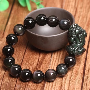 纯天然彩虹眼黑曜石貔貅手链男士女款小弯头皮丘手串情侣水晶饰品