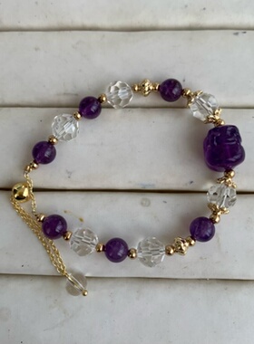 天然紫水晶貔貅设计款手链14K金乌拉圭料貔貅抽拉扣饰品手串148号