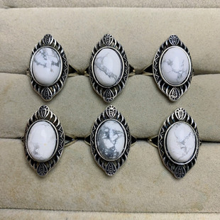 天然白松石戒指男女大戒面白铜托活口复古简约指环时尚百搭首饰品