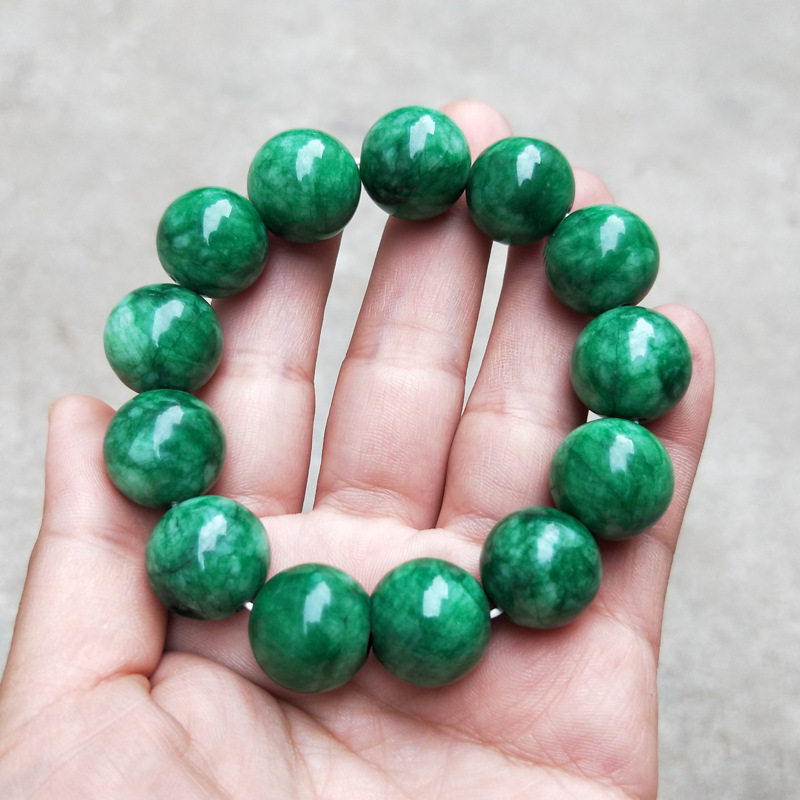 天然干青手链单圈女铁龙生翡翠色缅甸石英岩复古名族风深绿手串