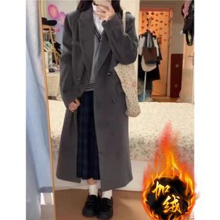 灰色加绒加厚呢子大衣女中长款2025秋冬高级感正肩小个子毛呢外套