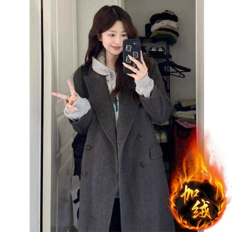 灰色加绒加厚毛呢外套女2025年秋冬新款宽松休闲赫本韩版正肩大衣
