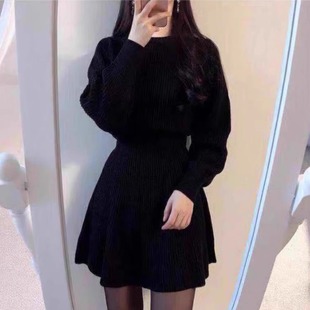 秋冬季新款加厚毛衣裙子赫本风内搭配大衣圆领针织连衣裙收腰修身