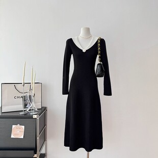 杏色针织打底连衣裙女秋冬季配大衣的内搭裙子高级感气质过膝长裙