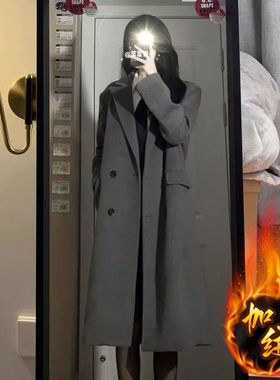 加绒加厚灰西装呢子大衣女中长款2025冬季新款高级感正肩毛呢外套