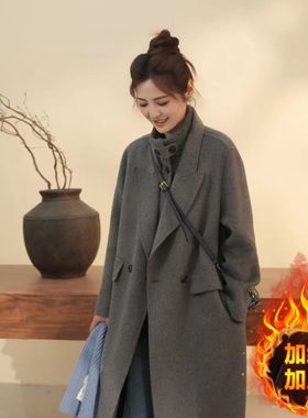 2025秋冬加绒加厚新款大衣女+马甲两件套中长款韩系气质百搭外套