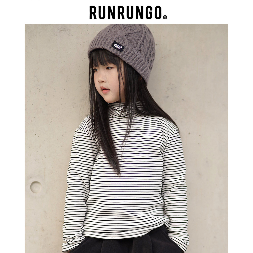 RUNRUNGO条纹打底衫儿童半高领保暖长袖春秋季针织家居服休闲内搭