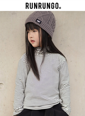 RUNRUNGO条纹打底衫儿童半高领保暖长袖春秋季针织家居服休闲内搭
