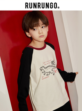RUNRUNGO插肩袖T恤儿童美式打底休闲运动长袖男女中大童针织上衣