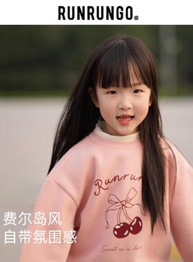 RUNRUNGO儿童卫衣长袖T恤女童宽松时尚印花T春季糯米棉长袖针织衫