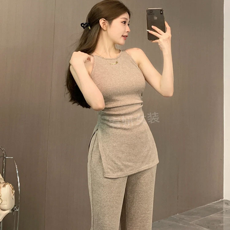 甜辣妹修身显瘦针织无袖上衣休闲时尚套装