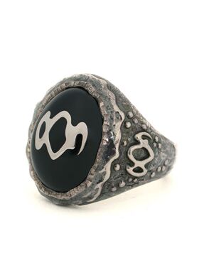 TOP-YAMAMOTO复古椭圆黑石戒指男士个性银色金属指环时尚