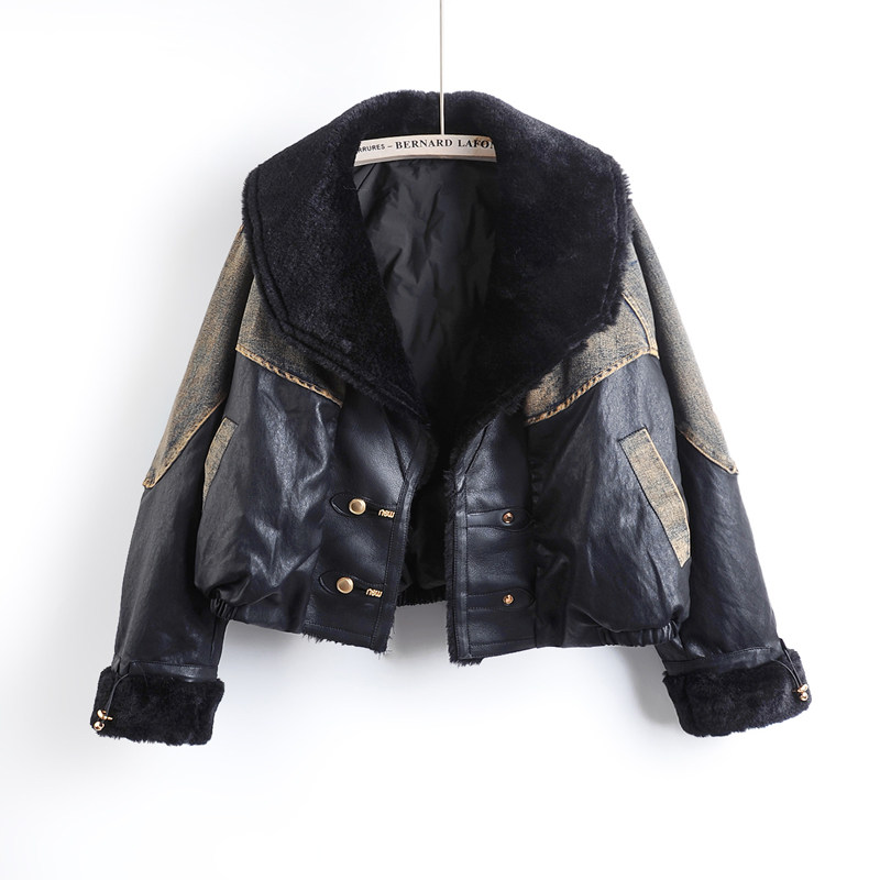 2025秋冬新款PU皮拼接保暖羽绒内胆牛仔外套女短款机车夹克上衣潮