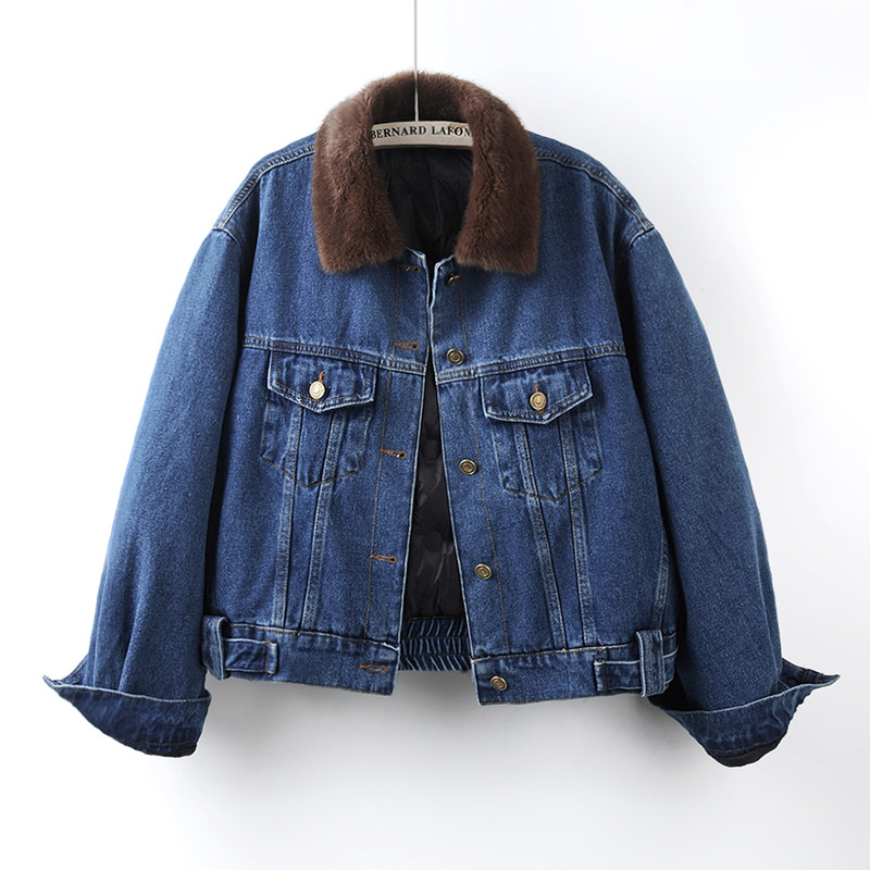 2025冬季新款复古羽绒内胆牛仔外套女加绒保暖翻领夹克上衣蓝色潮