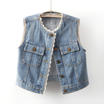 蕾丝花边圆领牛仔马甲女短款