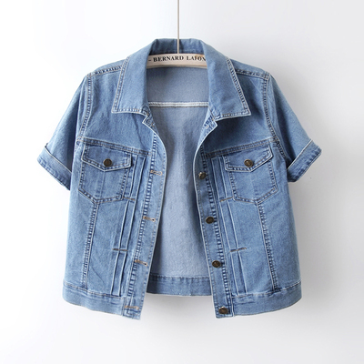 复古弹力翻领短袖牛仔外套女
