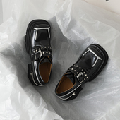 英伦一脚蹬方头厚底单鞋 女增高2024年秋季 新款 乐福小皮鞋 鞋 子黑色