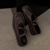 复古软牛皮法式 平底玛丽珍单鞋 女一字扣浅口2024秋季 真皮中式 新款