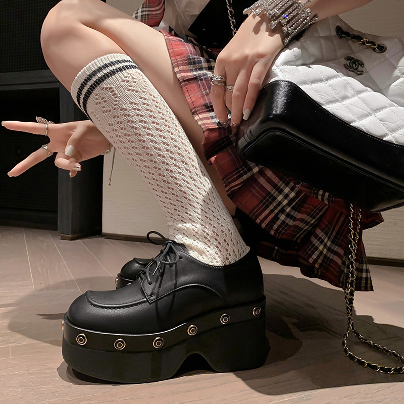 真皮圆头系带厚底单鞋女2023新款秋季高跟亚文化厚底鞋子松糕女鞋