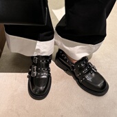 新品 甜酷朋克设计师款 铆钉真皮圆头粗跟乐福鞋 4CM25春季 增高单鞋