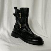 水洗牛皮真皮圆头复古皮带扣马丁靴方跟骑士靴女2024秋季 新款 短靴