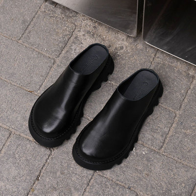 真皮休闲厚底德比鞋包头拖鞋女