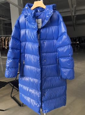 尾货意大利ADD女士加长款亮蓝色羽绒服亮面46码大概是国内XL码