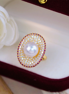 DIY珍珠配件 18K包金铜厚镀金分色闪耀满锆石戒指半成品 11-13mm