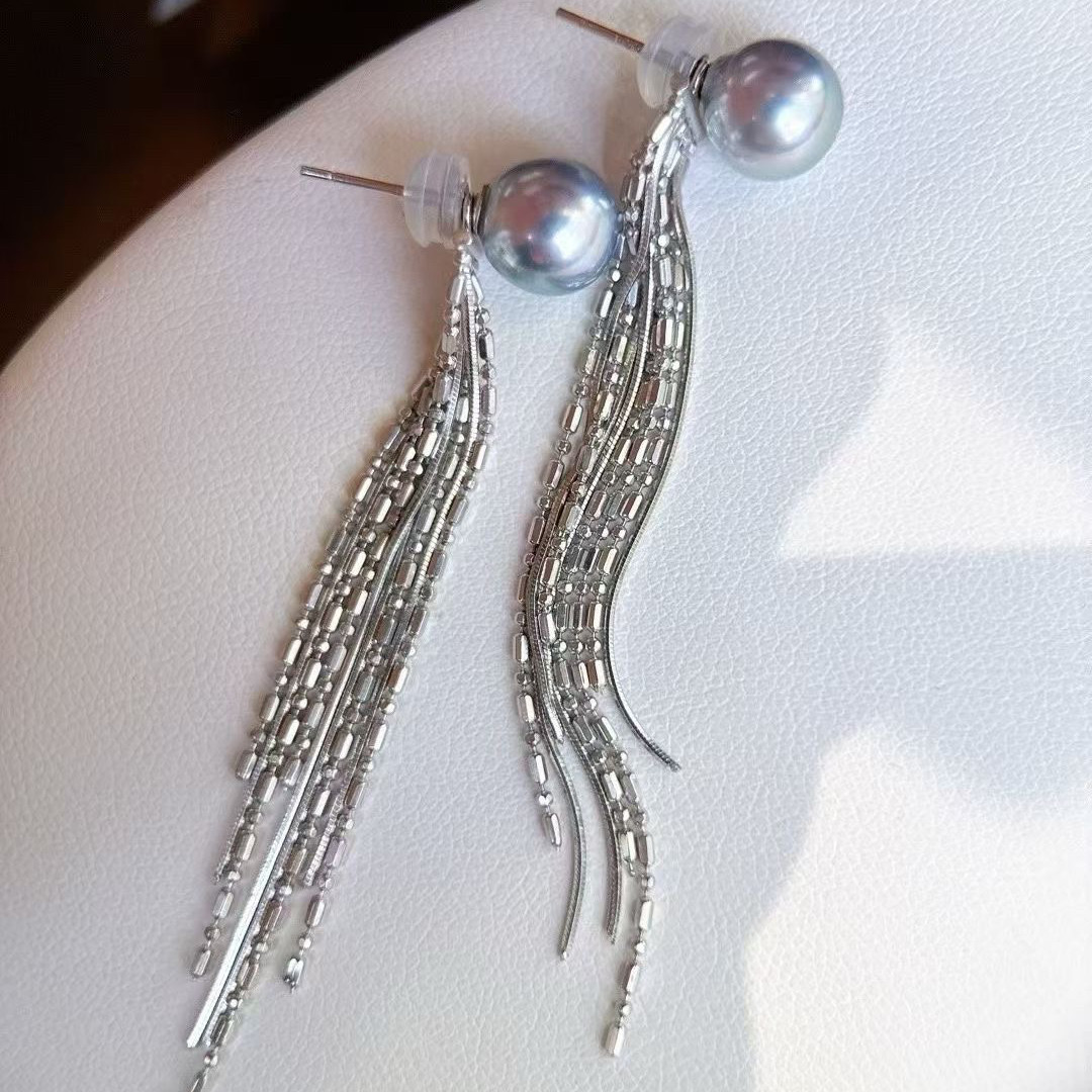 DIY珍珠配件 S925纯银星河长款流苏网红氛围感耳钉耳坠半成品