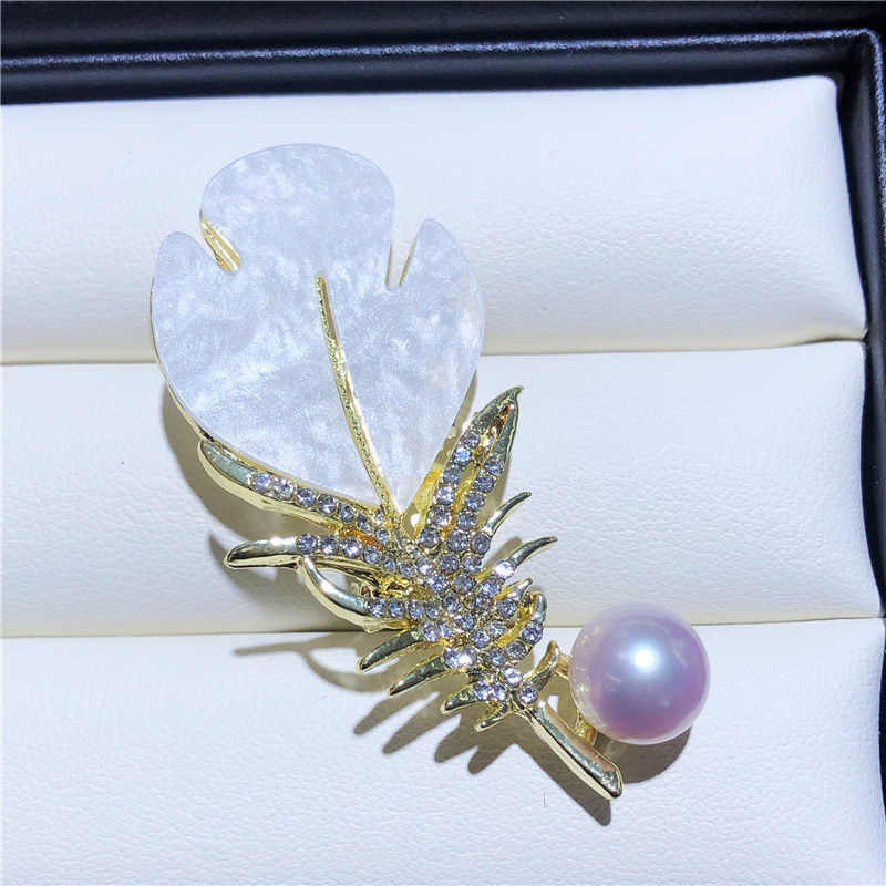 DIY珍珠配件 羽毛款合金厚镀金经典时尚胸针胸花半成品