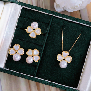 DIY珍珠配件 18K包金铜厚镀金贝壳幸运草吊坠耳钉戒指套装半成品