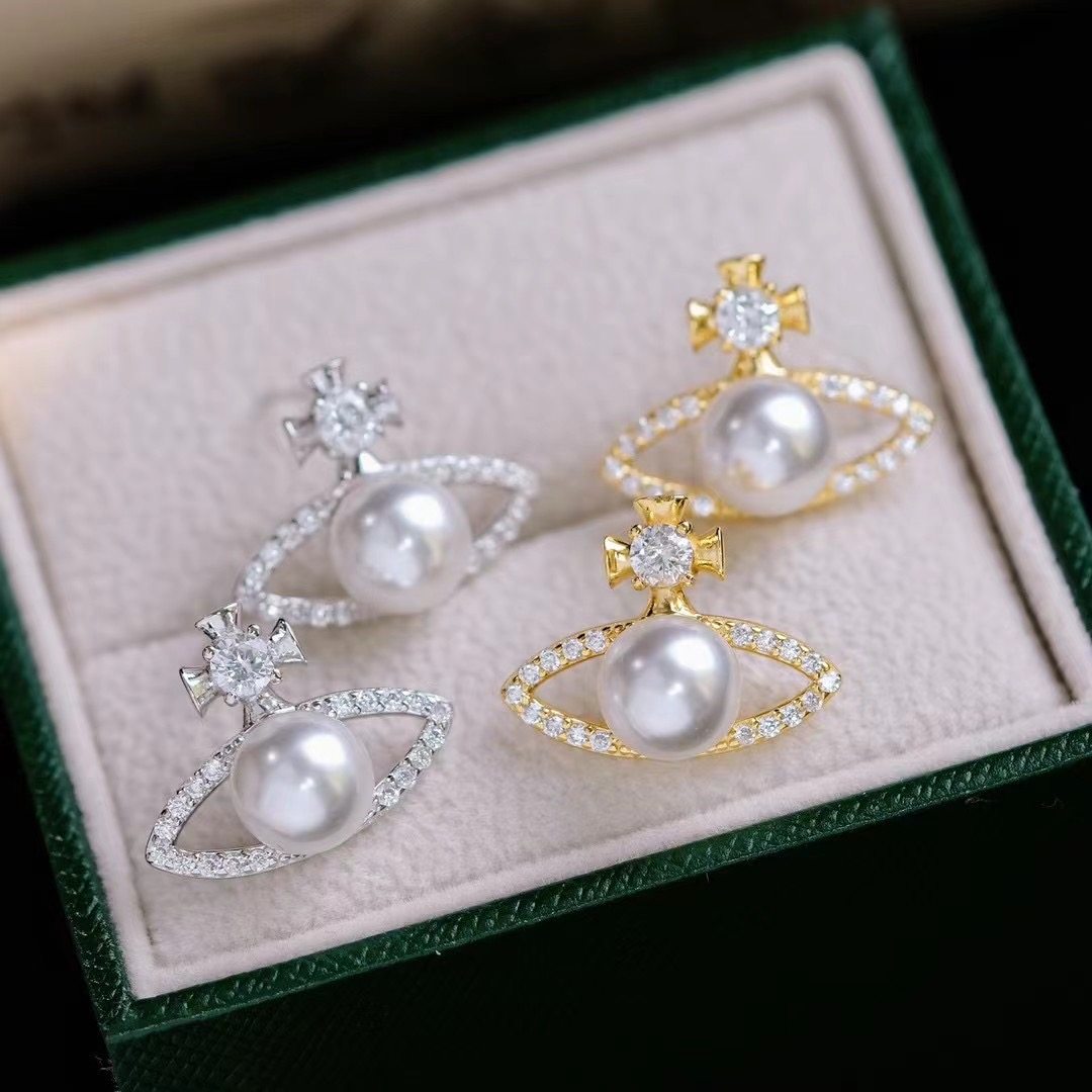 DIY珍珠配件 18K包金铜厚镀金土星耳钉耳饰半成品 金色银色