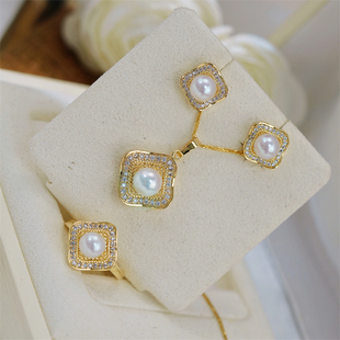 DIY珍珠配件 18K包金铜镀金幸运草精致吊坠耳钉戒指套装半成品女