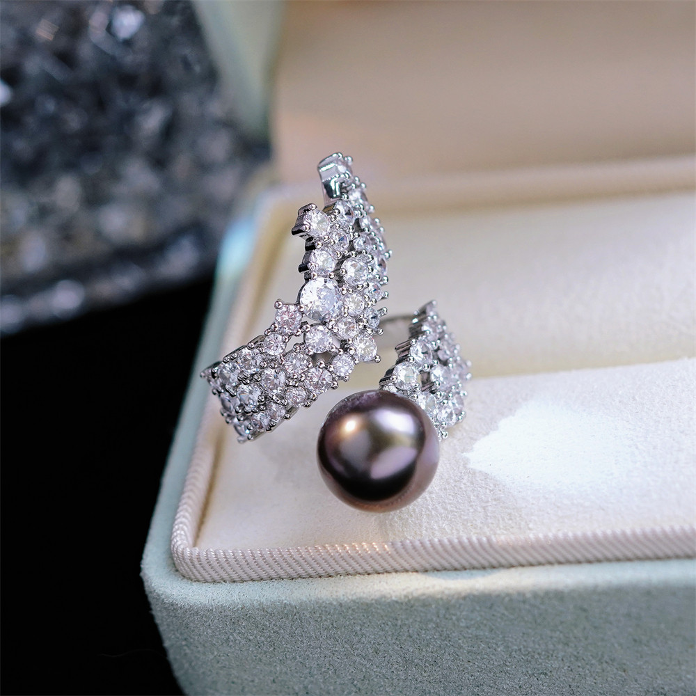 DIY珍珠配件 18K包金铜厚镀金满锆石豪华开口戒指半成品 金色银色