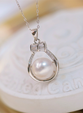 DIY珍珠配件 S925纯银T方锆蝴蝶结座镶吊坠半成品金色银色12-13mm