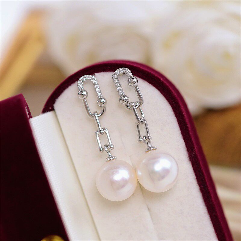 DIY珍珠配件 18K包金铜厚镀金U形马蹄扣链条耳钉半成品 金色银色