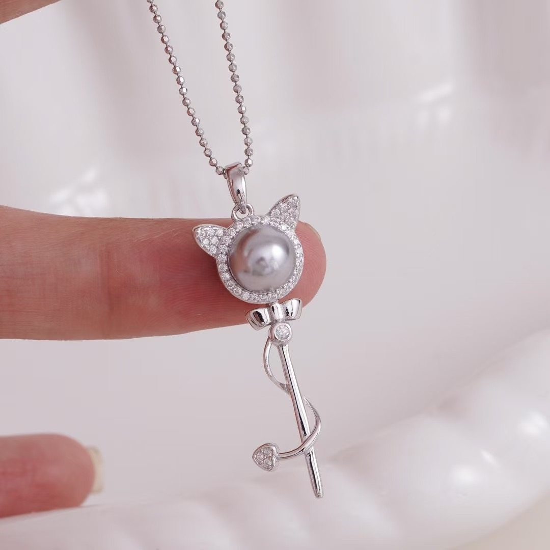 DIY珍珠配件 铜镀金K金工艺可爱小猫咪钥匙吊坠半成品 金色银色